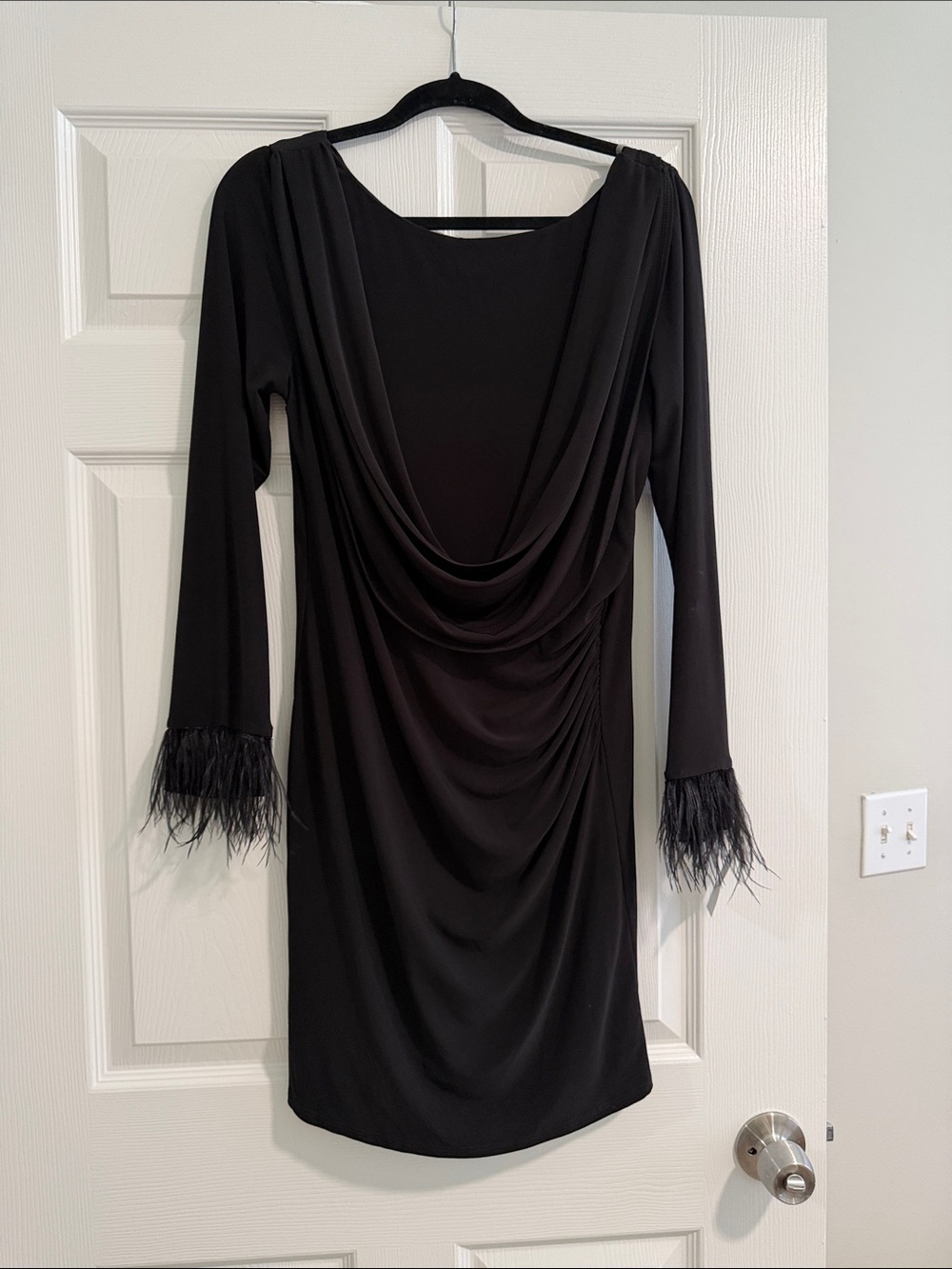 JAYGODFREY Black Draped Cowl Long-Sleeve Dress with Feather Cuffs